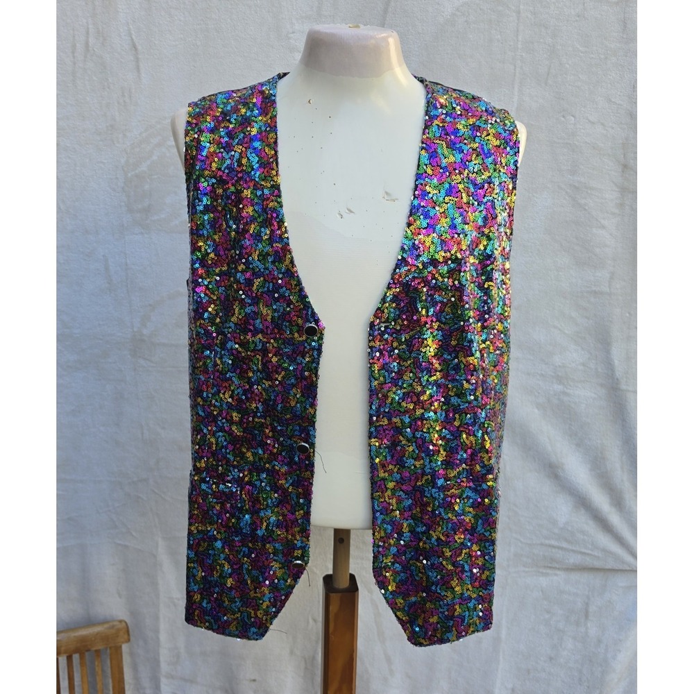 Rainbow Sequin Open Front Vest Womens Medium Festival Disco Party